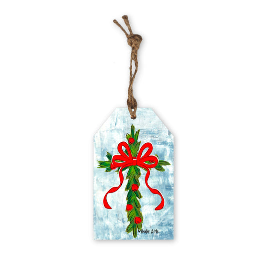 Christmas Berry Cross with Red Bow Gift Tag Ornament