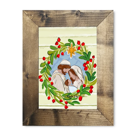 Joseph Mary Jesus Christmas Wreath Framed Art