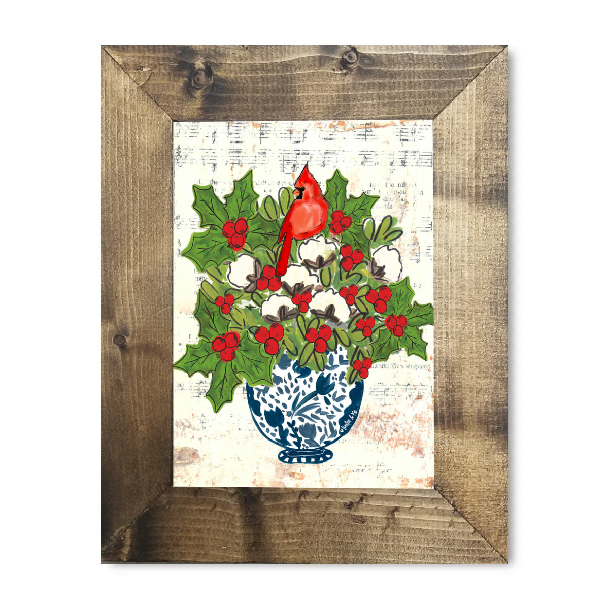 Blue Willow Cotton Holly Berry Cardinal Framed Art