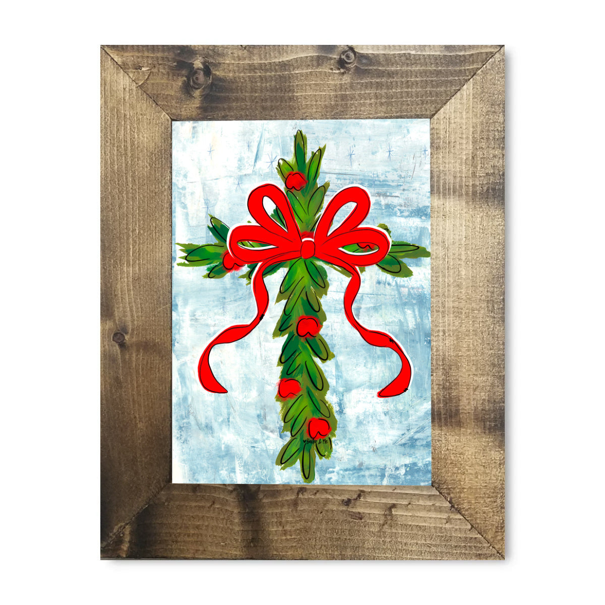 Christmas Berry Cross with Red Bow Framed Art