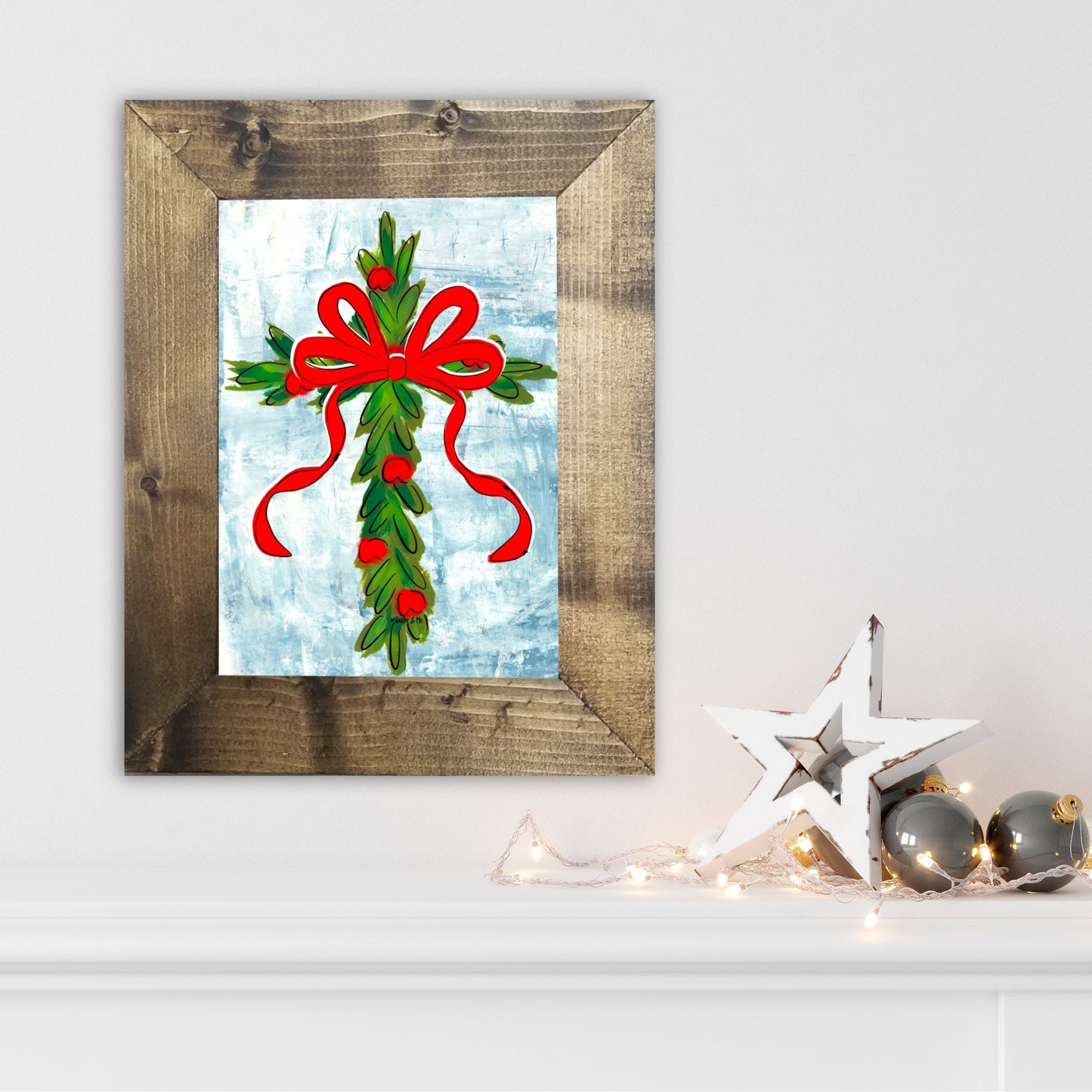 Christmas Berry Cross with Red Bow Framed Art