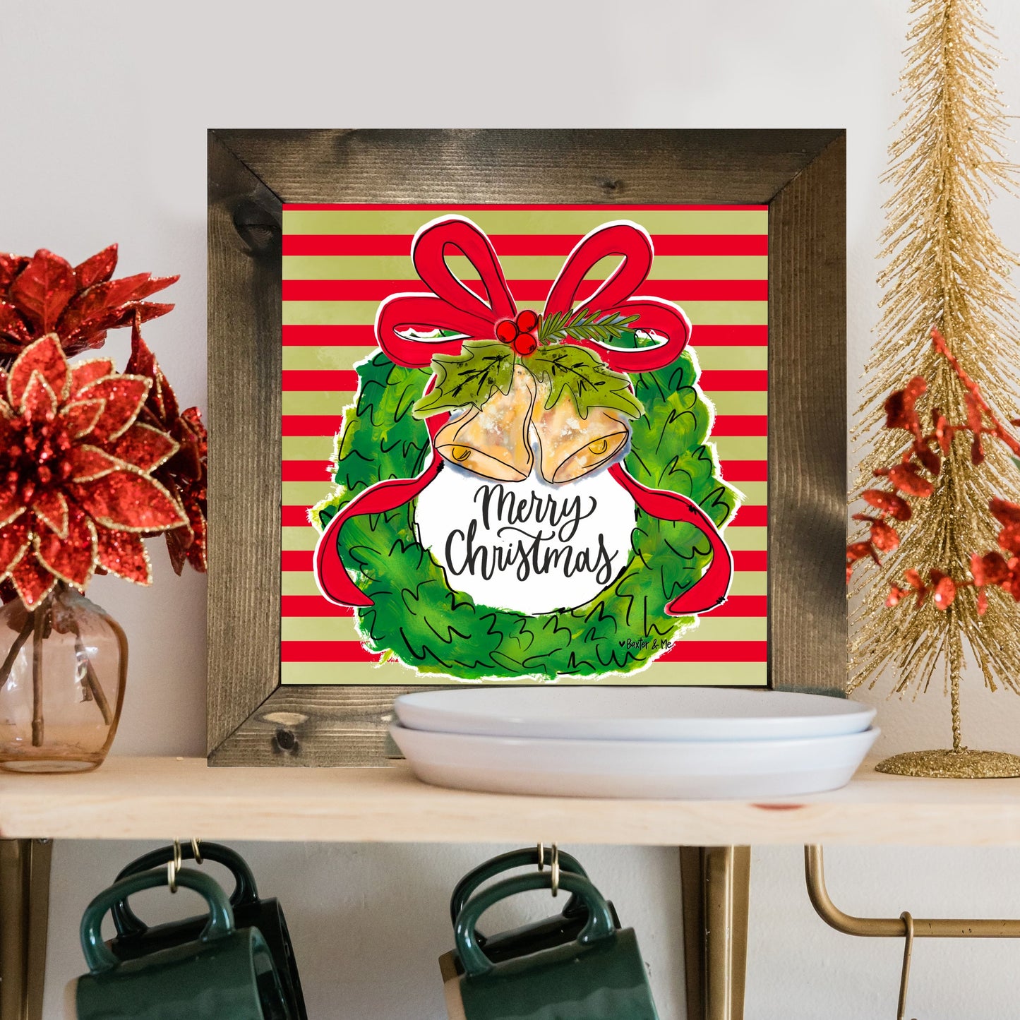 Merry Christmas Bells Wreath Framed Art