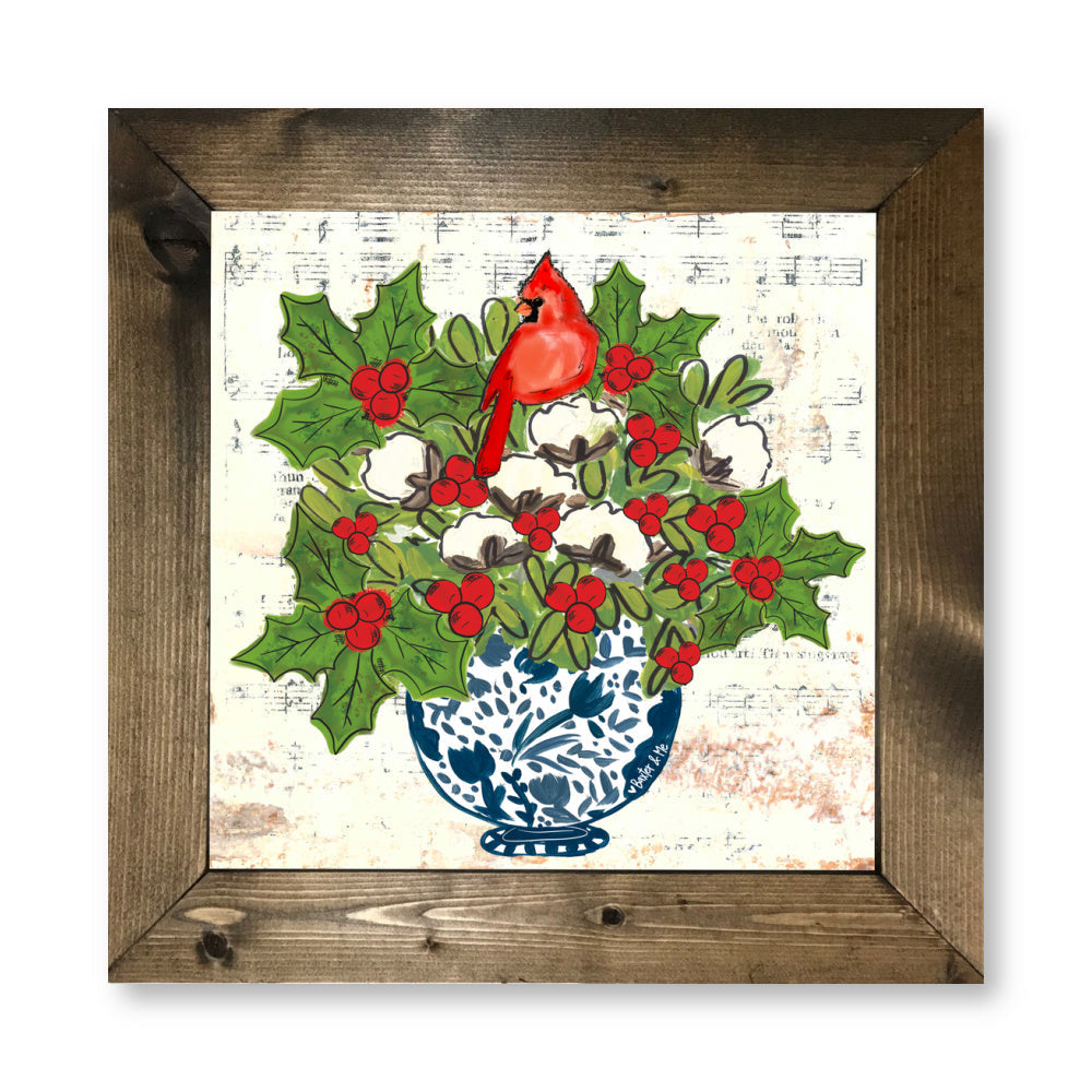 Blue Willow Cotton Holly Berry Cardinal Framed Art