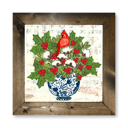 Blue Willow Cotton Holly Berry Cardinal Framed Art