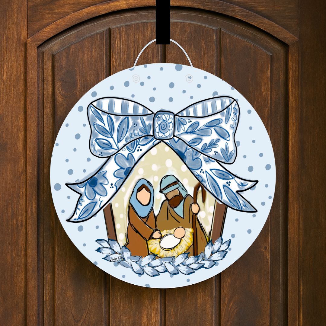 Blue Ribbon Bow Nativity Door Hanger