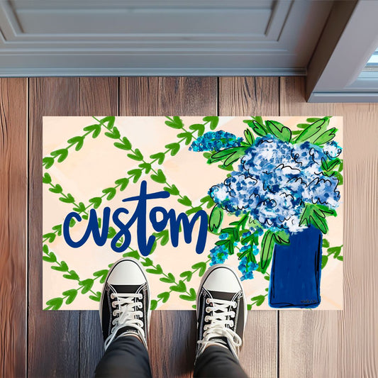 Personalized Blue Floral With Greenery Rug Floormat