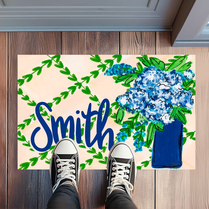 Personalized Blue Floral With Greenery Rug Floormat