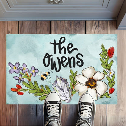 Personalized Hello Floral Bee Rug Floormat