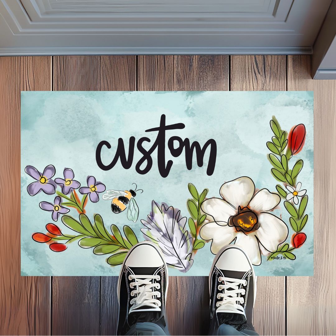 Personalized Hello Floral Bee Rug Floormat