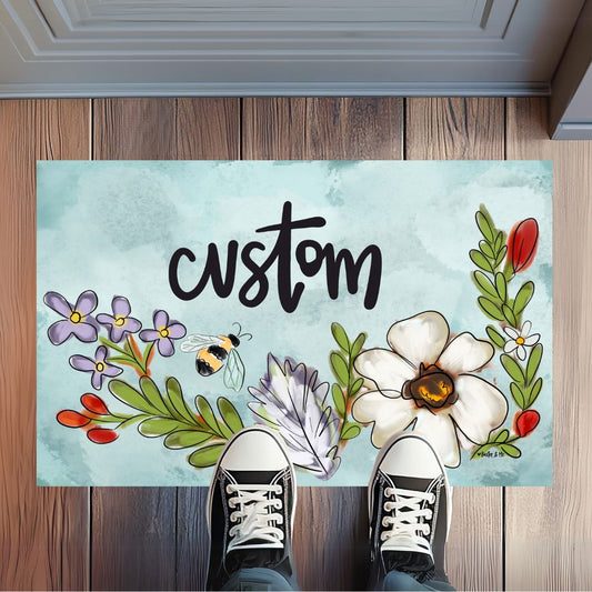 Personalized Hello Floral Bee Rug Floormat