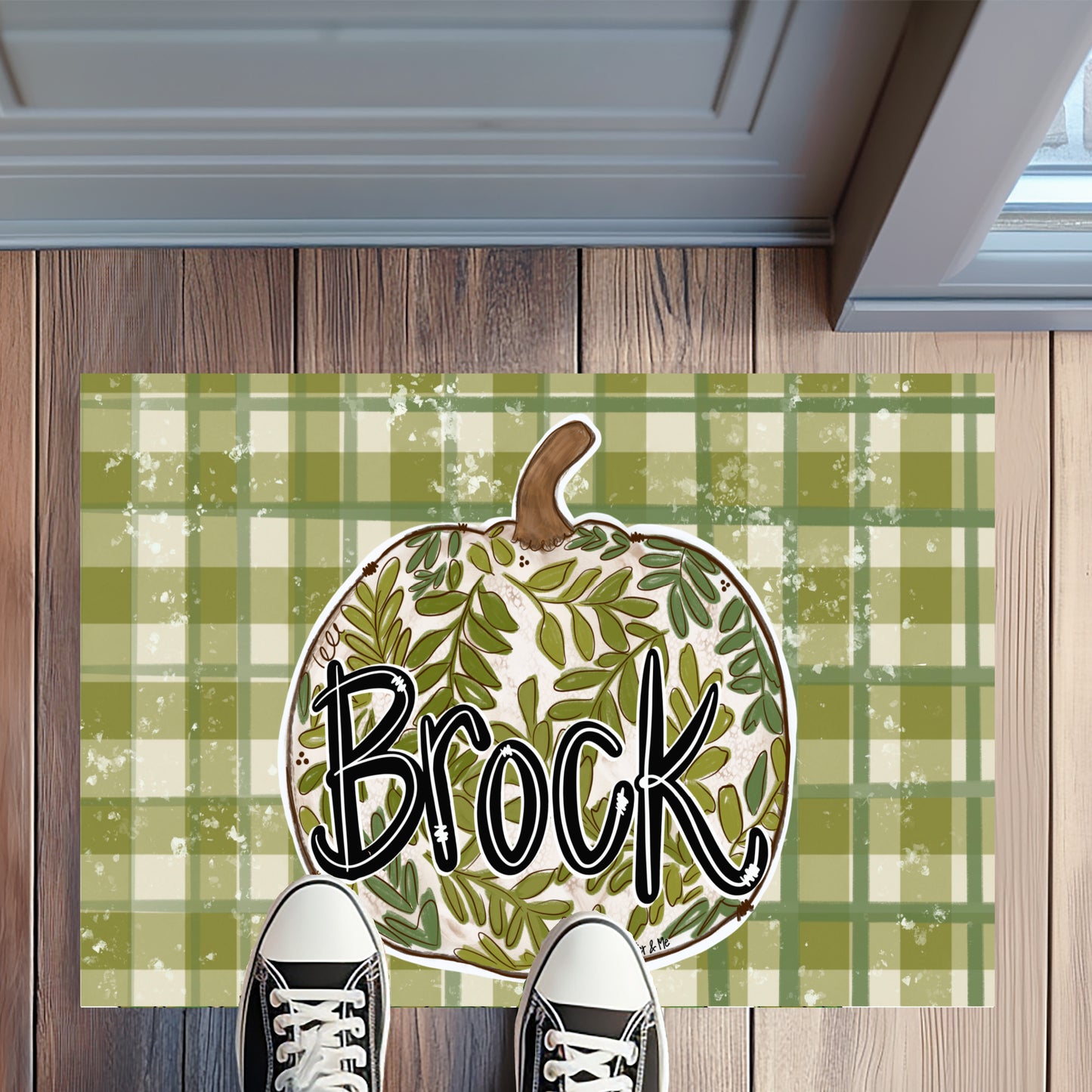Welcome Green Leaf Pumpkin Plaid Rug Floormat