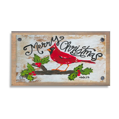 Decorative Christmas sign with a red cardinal and holly leaves on a white background