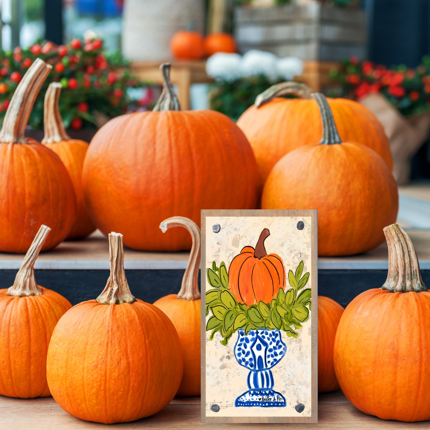 Pumpkin in Blue Willow Planter Happy Block