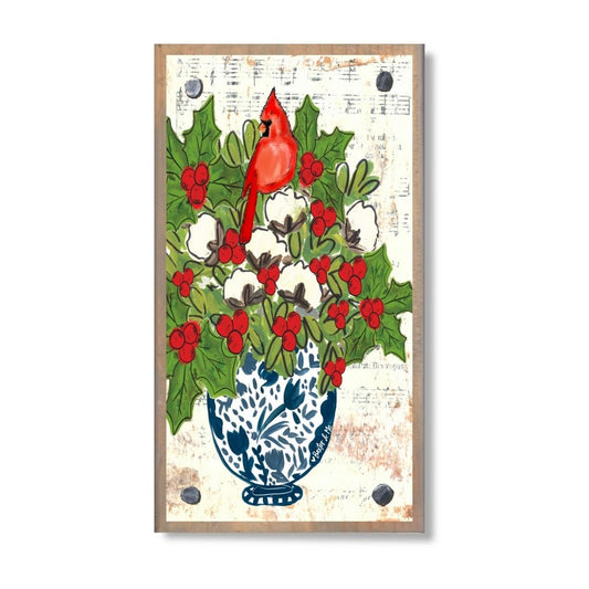 Blue Willow Cotton Holly Berry Cardinal Happy Block