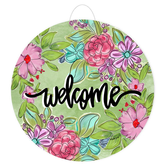 Welcome Pretty Pink & Purple Floral Door Hanger