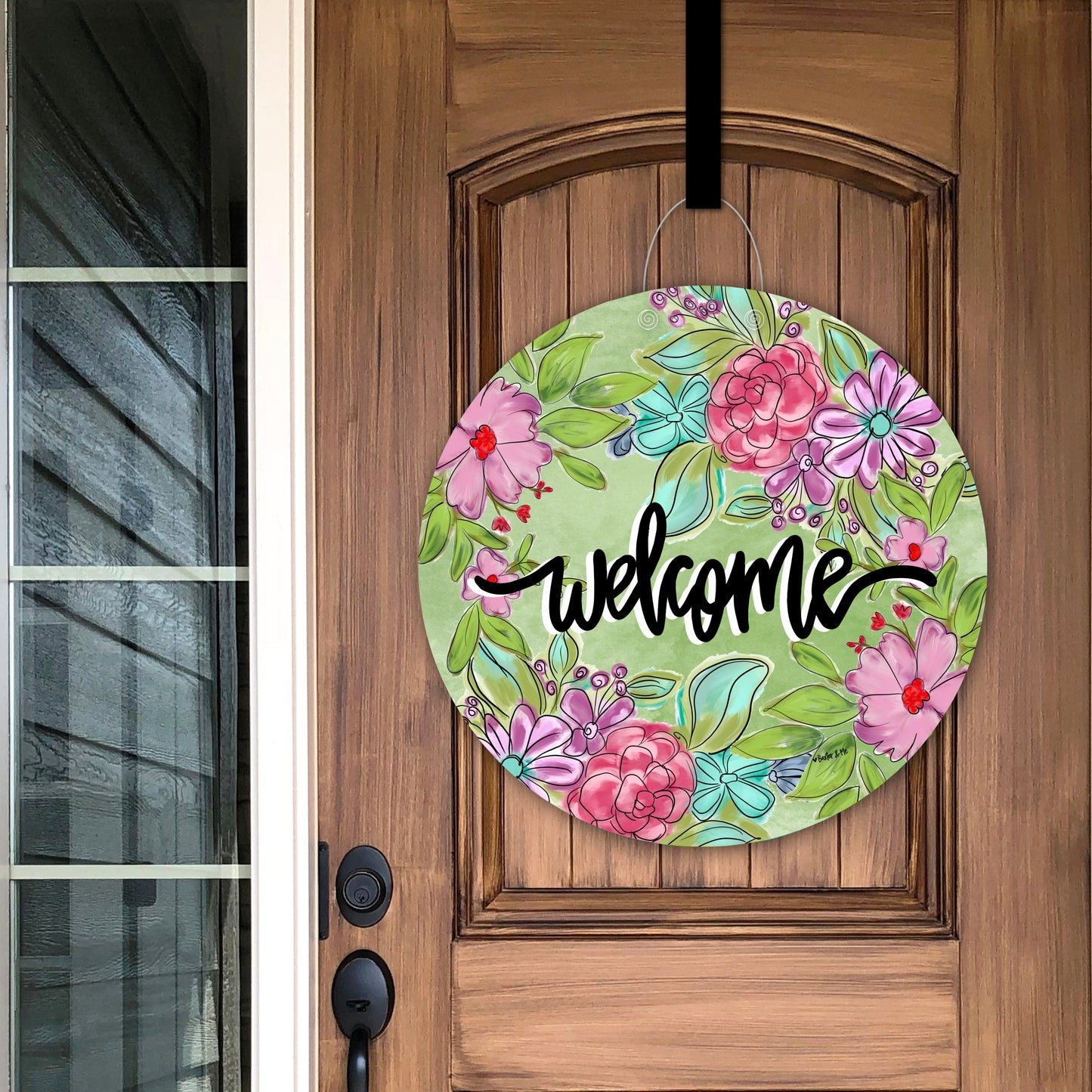 Welcome Pretty Pink & Purple Floral Door Hanger