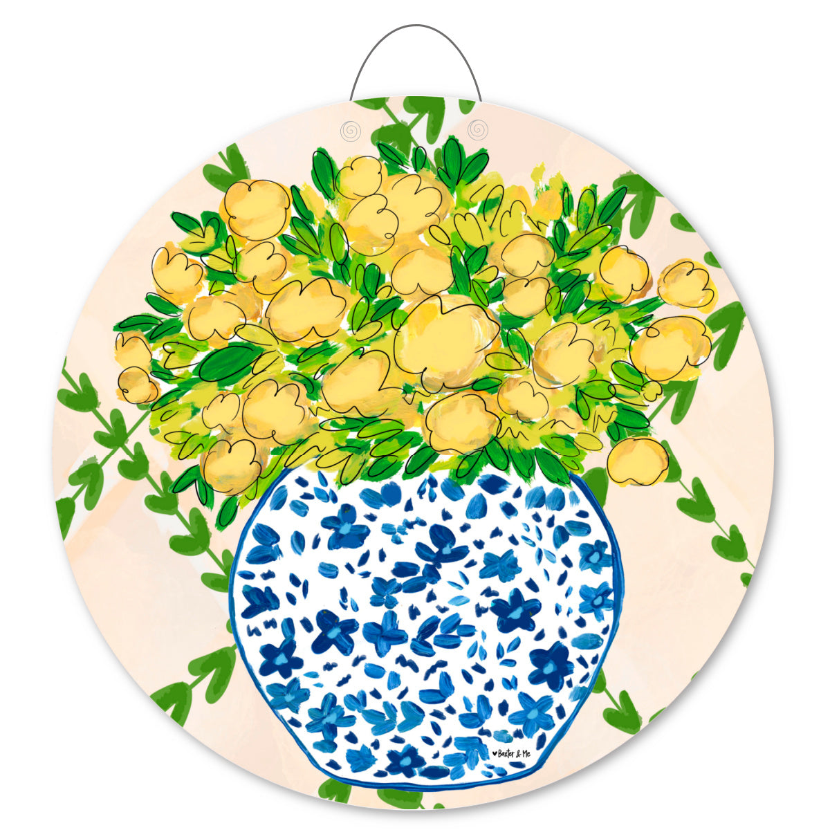 Yellow Floral in Blue Willow Door Hanger