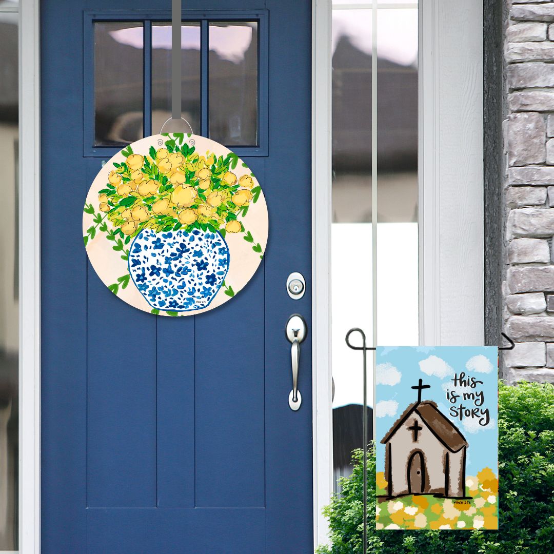 Yellow Floral in Blue Willow Door Hanger