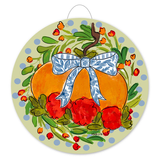 Blossom Pumpkin with Blue Ribbon Door Hanger