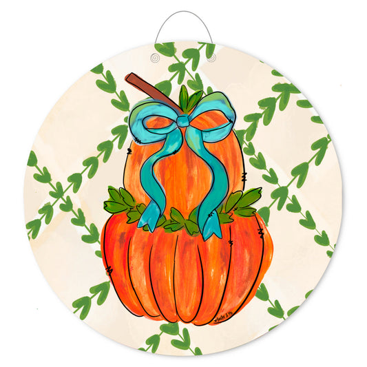 Greenery Stacked Pumpkin with Bow Door Hanger
