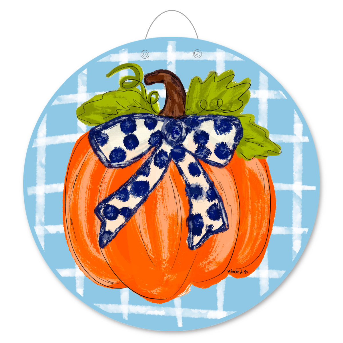 Blue Plaid Pumpkin with Navy Bow Door Hanger