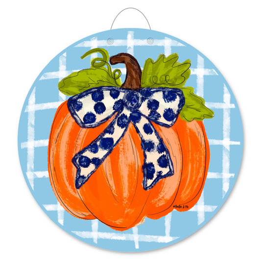 Blue Plaid Pumpkin with Navy Bow Door Hanger