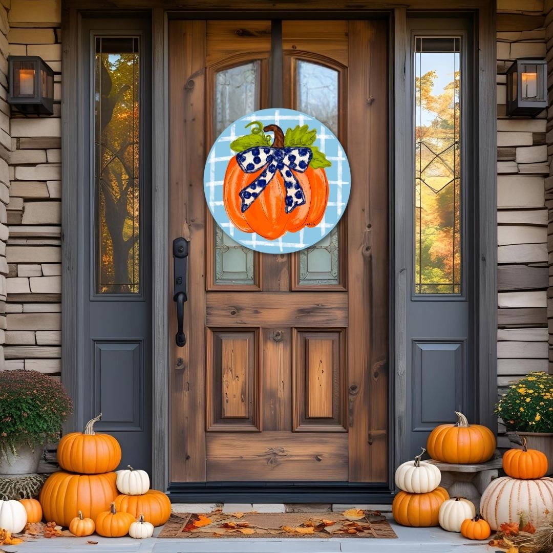 Blue Plaid Pumpkin with Navy Bow Door Hanger