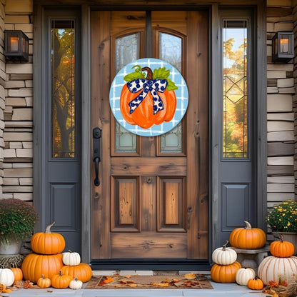 Blue Plaid Pumpkin with Navy Bow Door Hanger