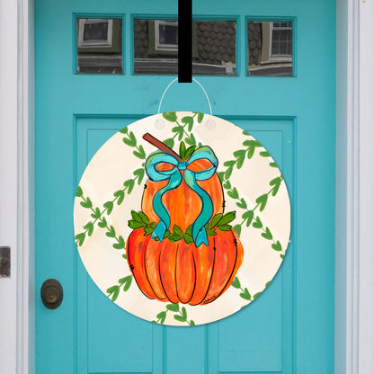 Greenery Stacked Pumpkin with Bow Door Hanger