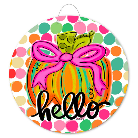 Happy Dot Pink Ribbon Pumpkin Door Hanger
