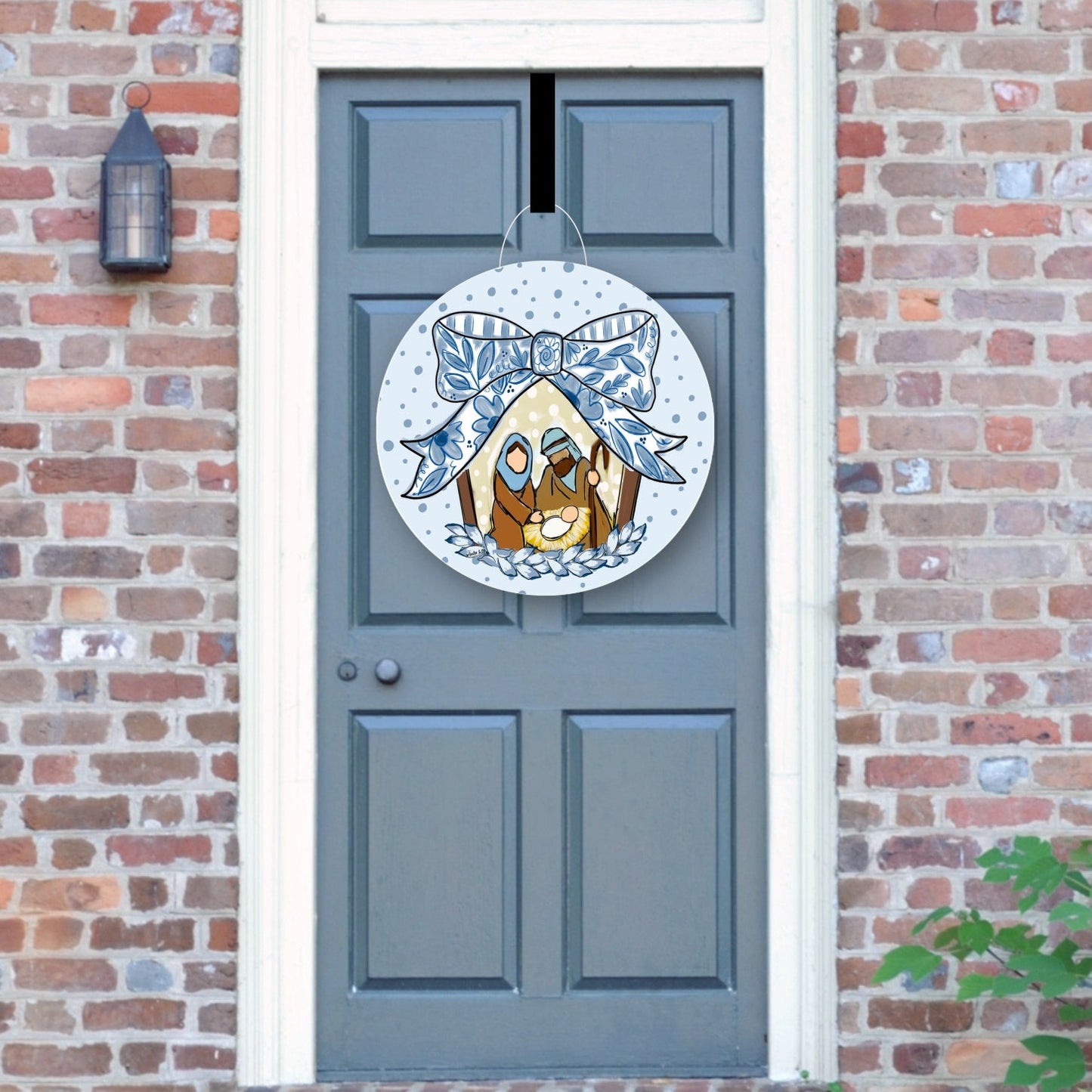 Blue Ribbon Bow Nativity Door Hanger