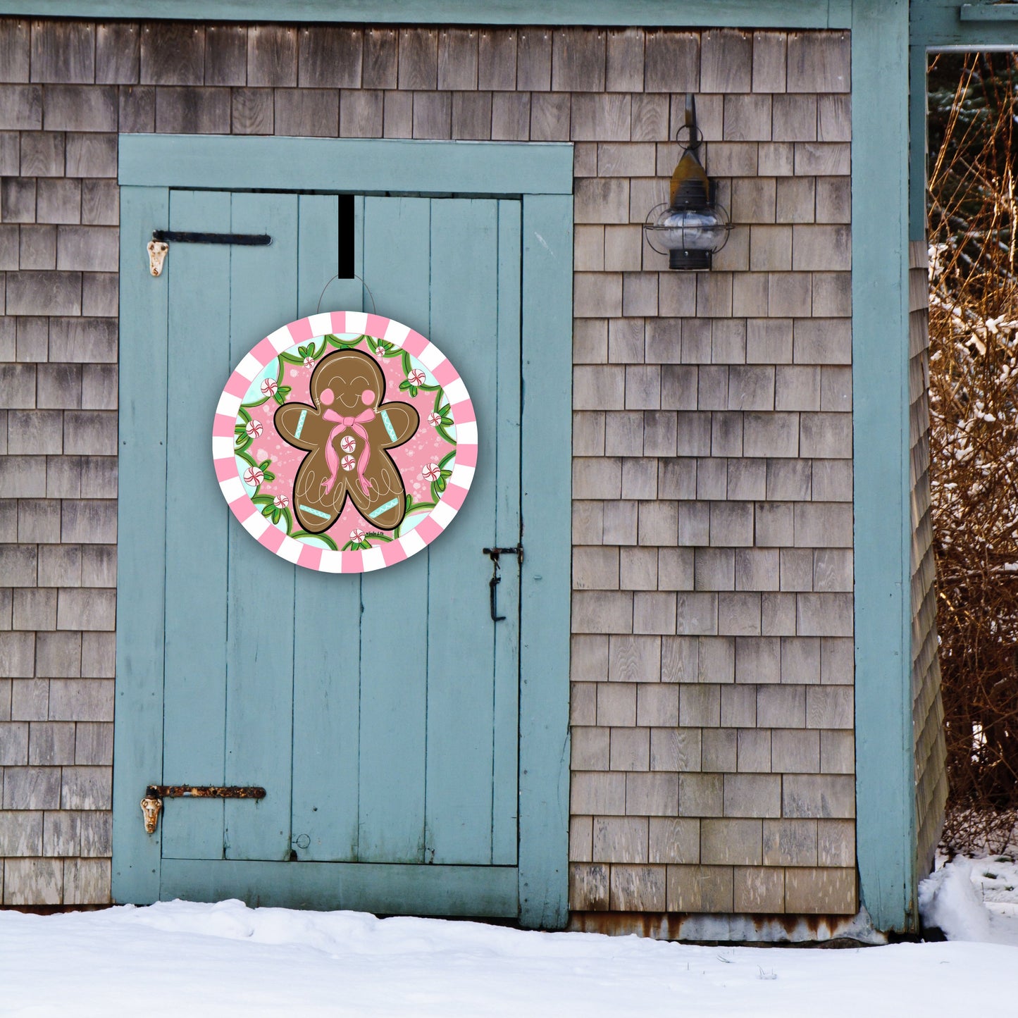 Pink Peppermint Gingerbread Door Hanger