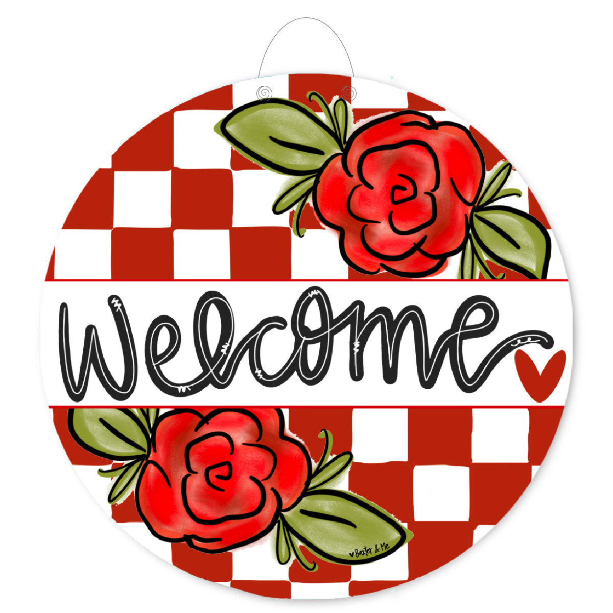 Welcome Rose Red Check Door Hanger