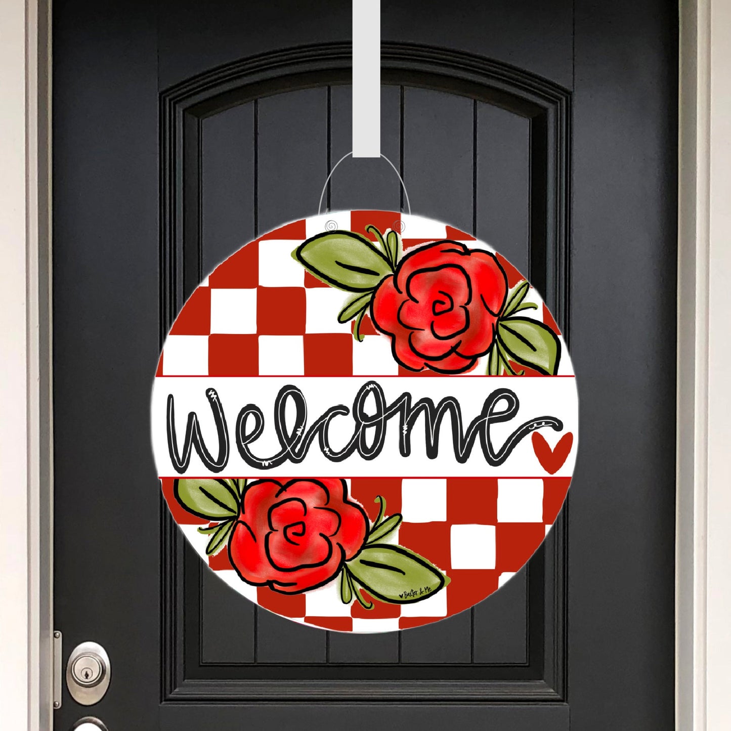Welcome Rose Red Check Door Hanger