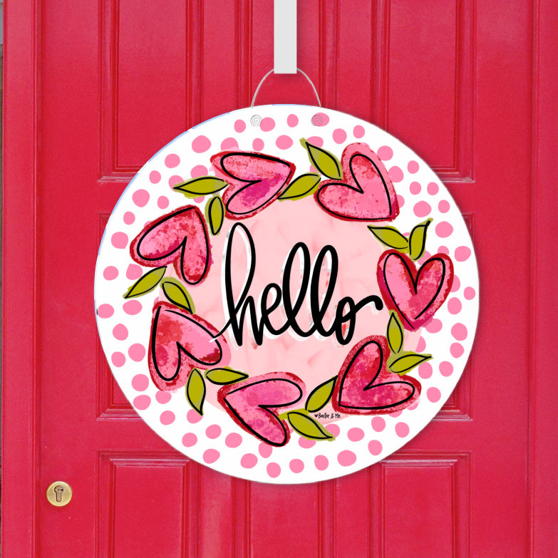 Hello Heart Vine Wreath Pink Dots Door Hanger