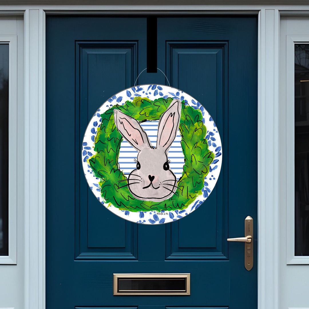 Blue Willow Boxwood Bunny Door Hanger