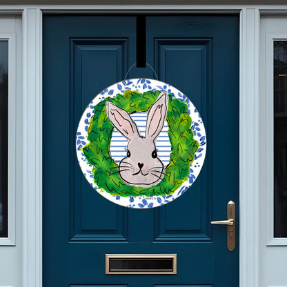 Blue Willow Boxwood Bunny Door Hanger