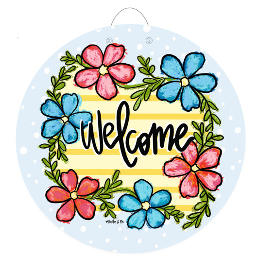Welcome Sunny Stripe Blooms Door Hanger