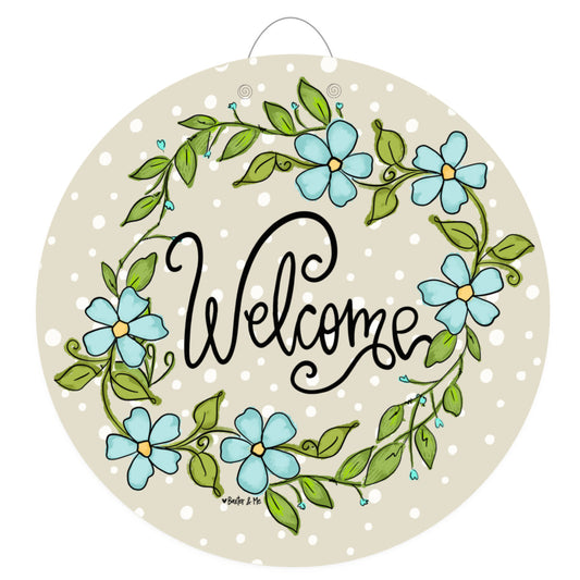 Welcome Whimsical Blue Flowers Door Hanger