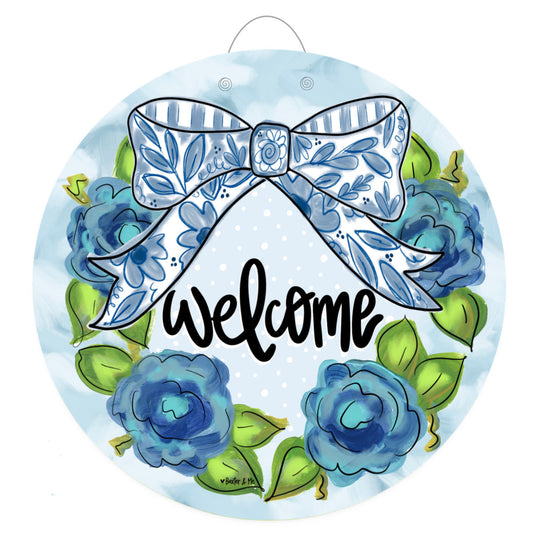 Blue Willow Bow Welcome Door Hanger