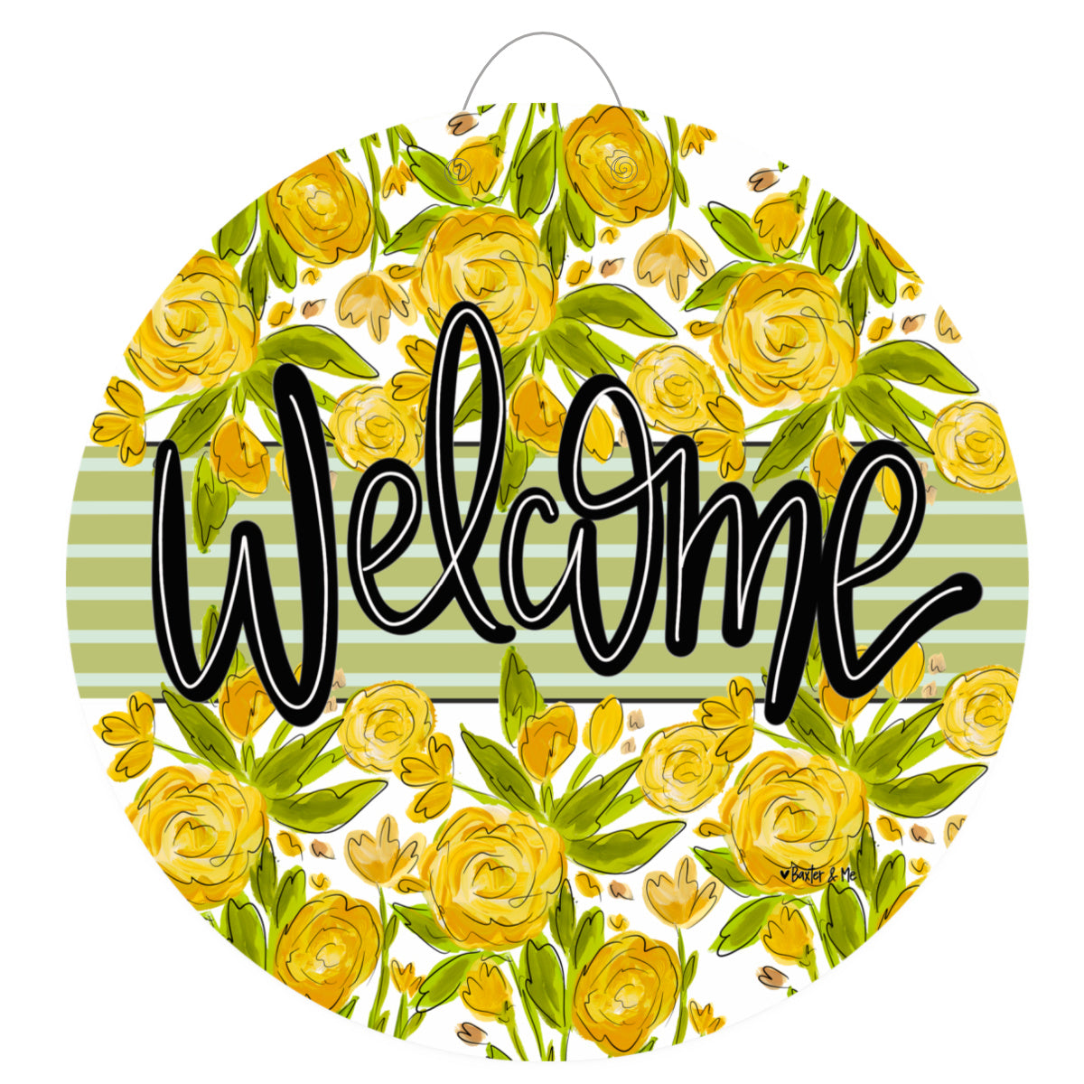 Decorative sign with yellow flowers and the word 'Welcome' on a white background