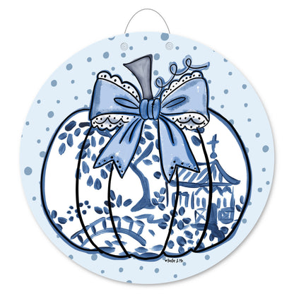 Blue Willow Lace Bow Pumpkin Door Hanger