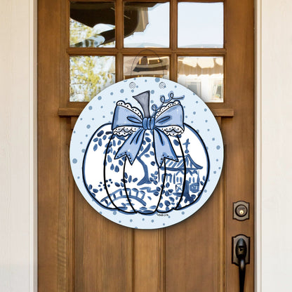 Blue Willow Lace Bow Pumpkin Door Hanger
