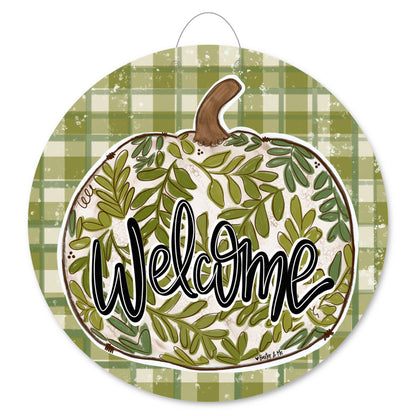 Welcome Green Leaf Pumpkin Plaid Door Hanger