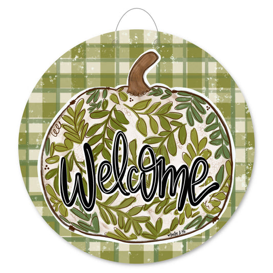 Welcome Green Leaf Pumpkin Plaid Door Hanger