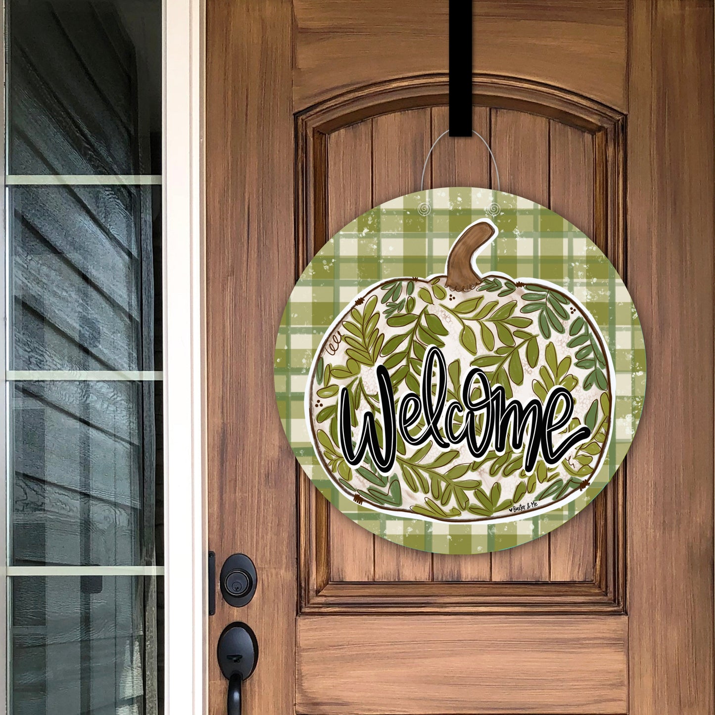 Welcome Green Leaf Pumpkin Plaid Door Hanger