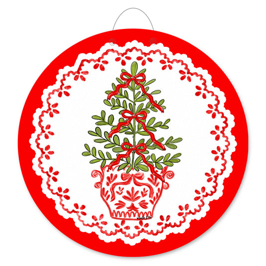 Red White Tree with Bows Door Hanger