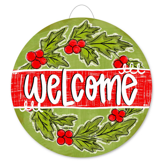 Welcome Holly Berry Wreath Door Hanger