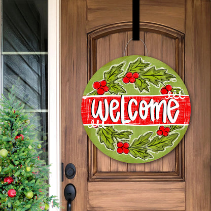 Welcome Holly Berry Wreath Door Hanger