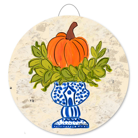 Pumpkin in Blue Willow Planter Door Hanger